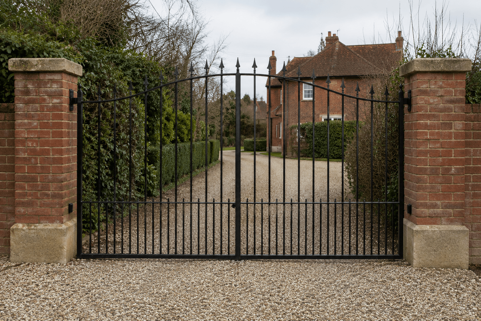 Twin-leaf wrought iron swing gate with brick piers, Knebworth