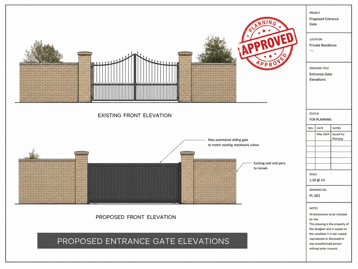 Approved planning application drawing for an automated entrance gate
