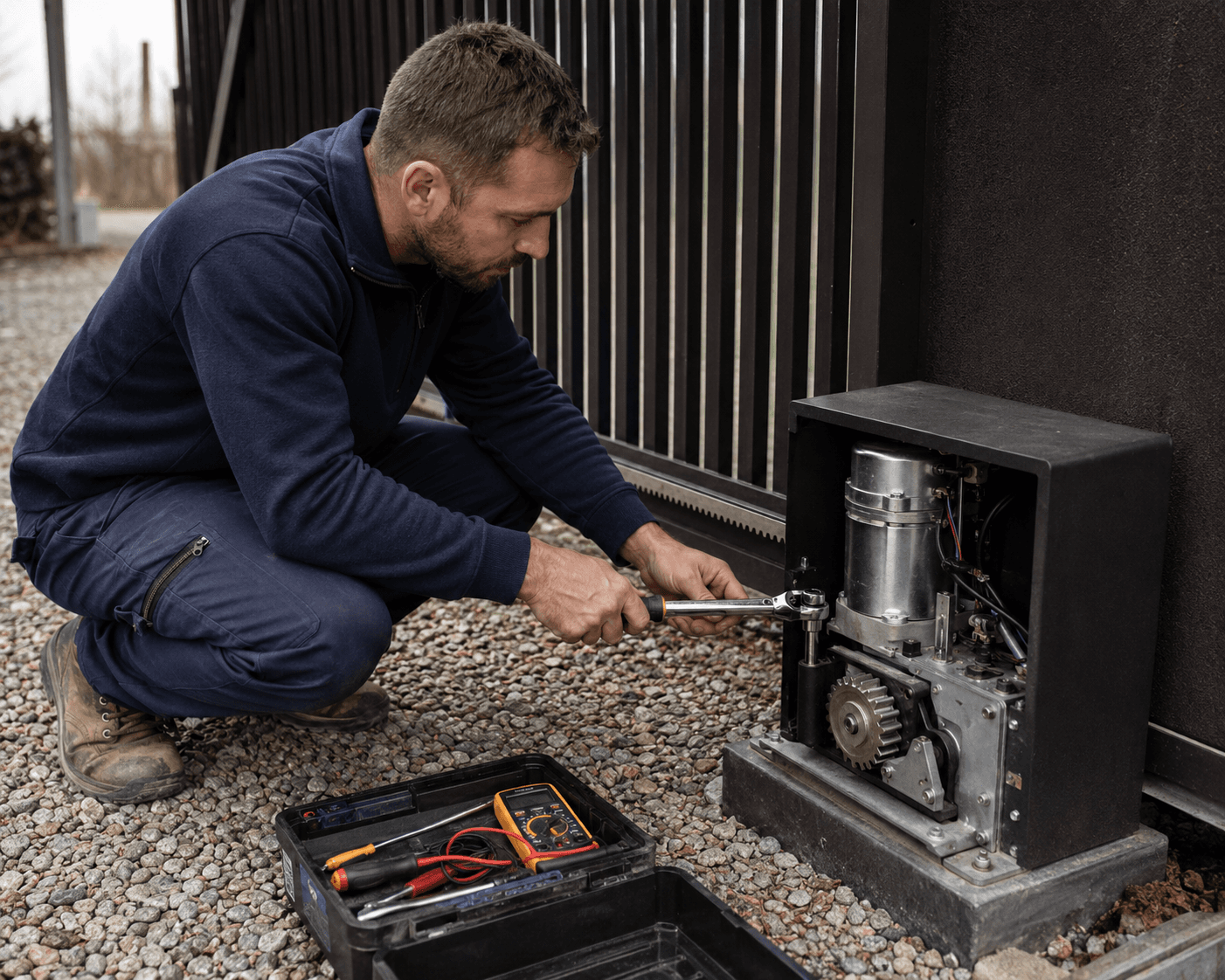 Engineer inspecting an automated gate motor during an annual safety service